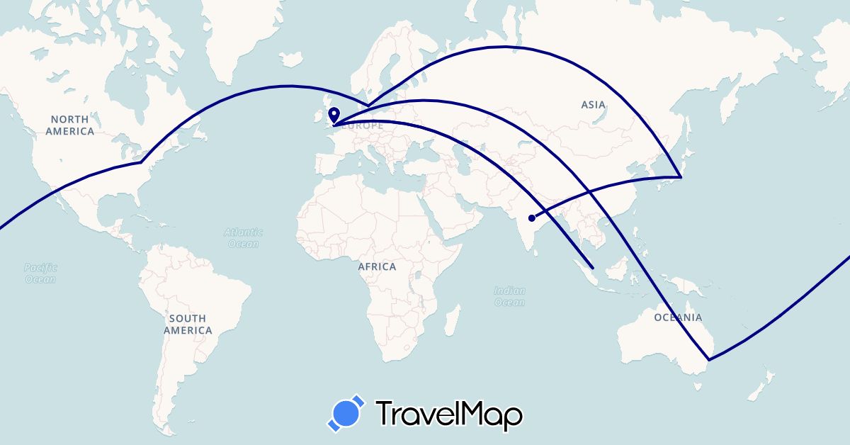 TravelMap itinerary: driving in Australia, Canada, Denmark, Finland, United Kingdom, India, Japan, Singapore, United States (Asia, Europe, North America, Oceania)